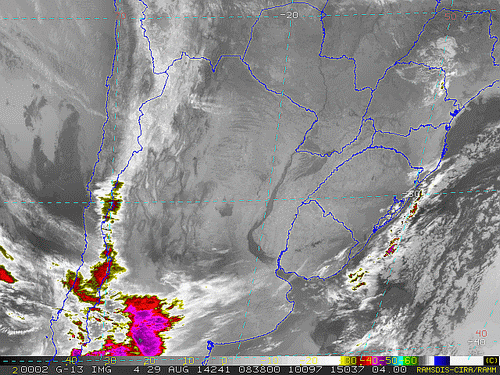 Imagem do satélite GOES 13/NOAA/EUA – Canal do Infravermelho + realce – dia 29/08/2014 – Hora local: 05:40 – Sul do Brasil
