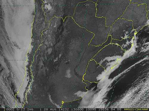 Imagem do satélite GOES 13/NOAA/EUA – Canal do Visível – dia 20/08/2014 – Hora local: 10:10 – Sul do Brasil