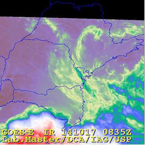 Imagem do satélite GOES 13/NOAA/EUA – Canal do Infravermelho + realce – dia 17/10/2014 – Hora local: 05:35 – Sul do Brasil.