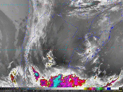 Imagem do satélite GOES 13/NOAA/EUA – Canal do Infravermelho + realce – dia 27/10/2014 – Hora local: 05:40 – Sul do Brasil