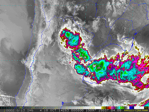 Imagem do satélite GOES 13/NOAA/EUA – Canal do Infravermelho + realce – dia 10/10/2014 – Hora local: 05:10 – Sul do Brasil