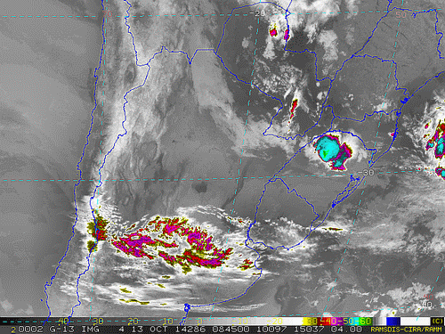Imagem do satélite GOES 13/NOAA/EUA – Canal do Infravermelho + realce – dia 13/10/2014 – Hora local: 05:45 – Sul do Brasil