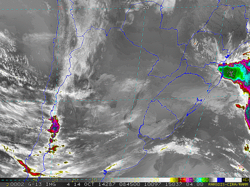 Imagem do satélite GOES 13/NOAA/EUA – Canal do Infravermelho + realce – dia 14/10/2014 – Hora local: 05:45 – Sul do Brasil