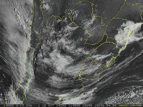 Imagem do satélite GOES 13/NOAA/EUA – Canal do Visível – dia 15/10/2014 – Hora local: 08:45 – Sul do Brasil