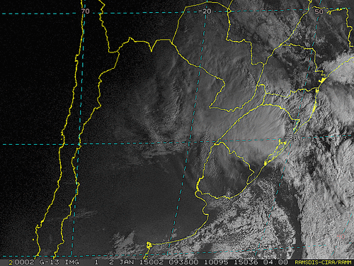 Imagem do satélite GOES 13/NOAA/EUA – Canal do Visível – dia 02/01/2015 – Hora local: 07:40 – Sul do Brasil.