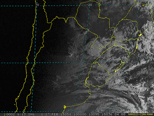 Imagem do satélite GOES 13/NOAA/EUA – Canal do Visível – dia 27/02/2015 – Hora local: 08:10 – Sul do Brasil.