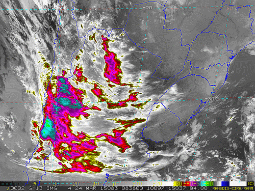 Imagem do satélite GOES 13/NOAA/EUA – Canal do Infravermelho + realce – dia 24/03/2015 – Hora local: 05:40 – Sul do Brasil.