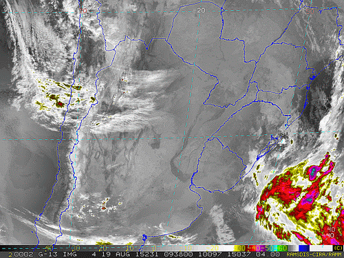 Imagem do satélite GOES 13/NOAA/EUA – Canal do Infravermelho + realce – dia 19/08/2015 – Hora local: 06:40 – Sul do Brasil.