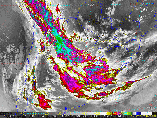 Imagem do satélite GOES 13/NOAA/EUA – Canal do Infravermelho + realce – dia 19/10/2015 – Hora local: 05:10 – Sul do Brasil.
