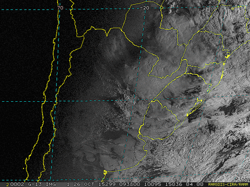 Imagem do satélite GOES 13/NOAA/EUA – Canal do Visível – dia 26/10/2015 – Hora local: 07:40 – Sul do Brasil.