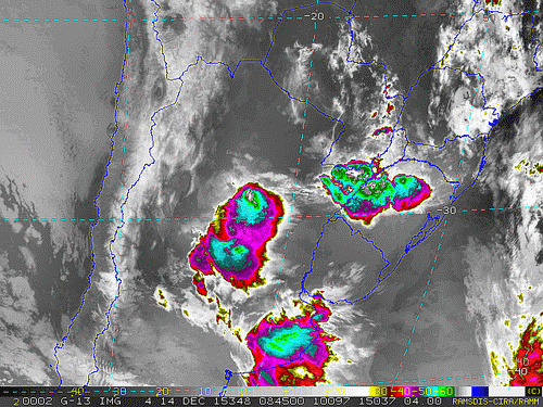 Imagem do satélite GOES 13/NOAA/EUA – Canal do Infravermelho + realce – dia 14/12/2015 – Hora local: 06:45 – Sul do Brasil.
