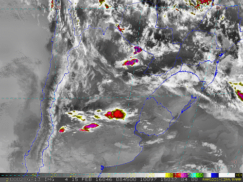 Imagem do satélite GOES 13/NOAA/EUA – Canal do Infravermelho + realce – dia 15/02/2016 – Hora local: 06:45 – Sul do Brasil.